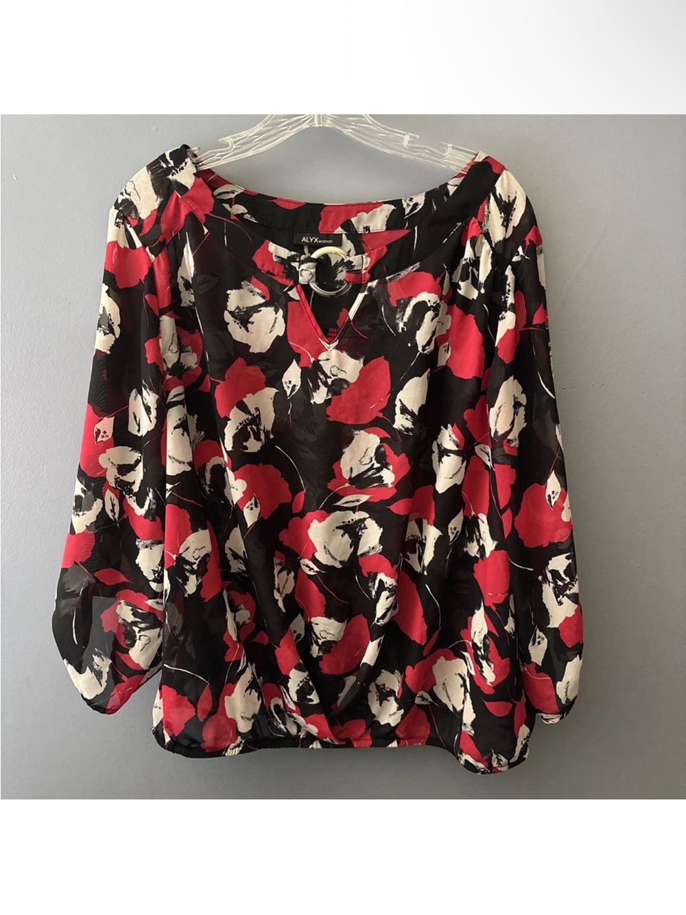 Alyx Womens Top Plus Size 1X Boho Black Red Sheer Printed Keyhole Cutout Blouse